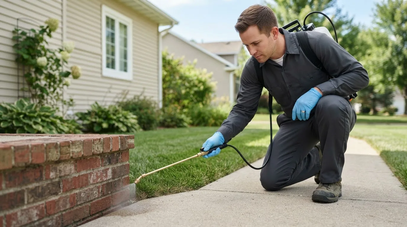 Pest control technician treating a home near East Canton, OH