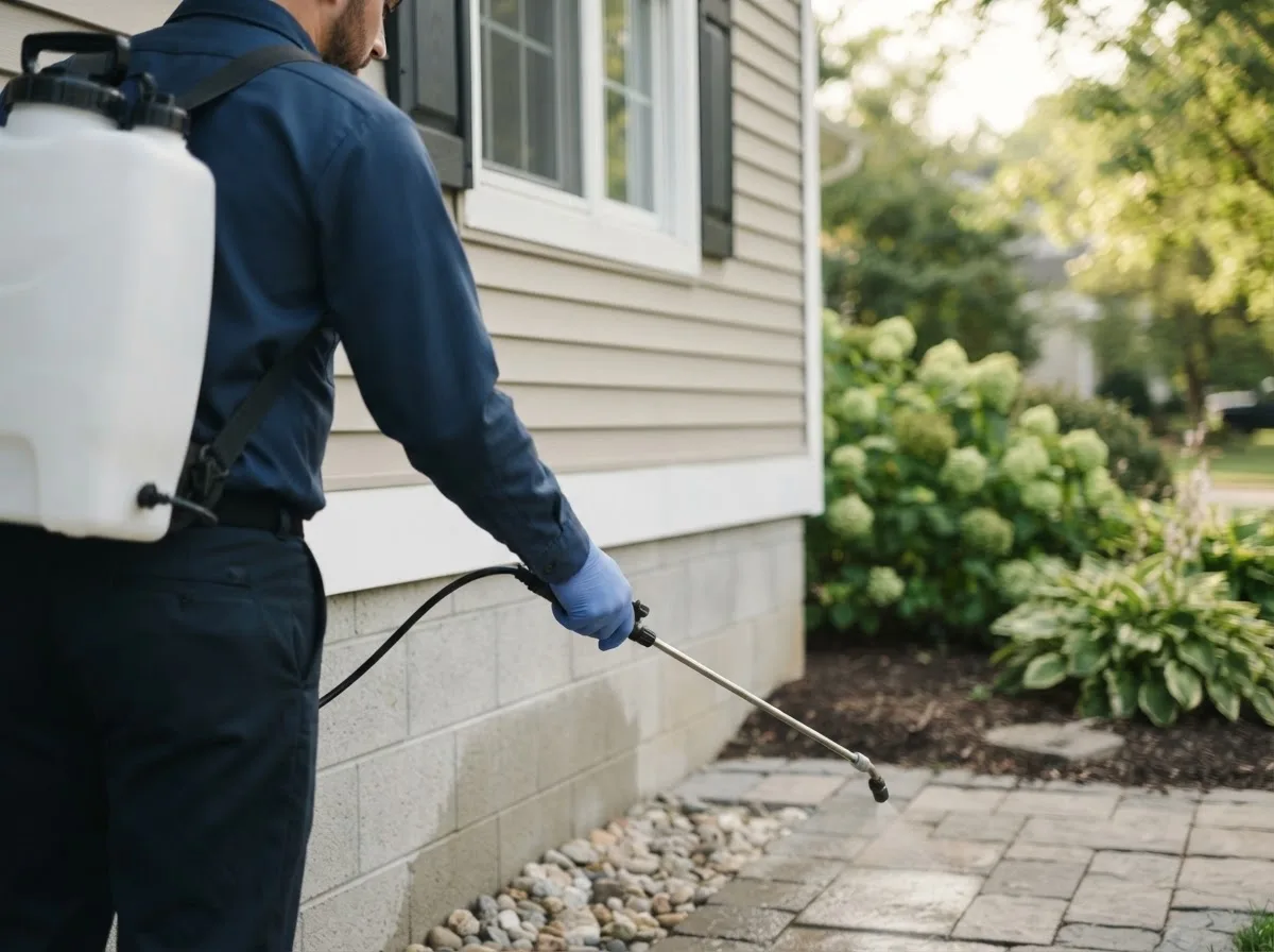 Pest control technician inspecting a home in East Canton, OH